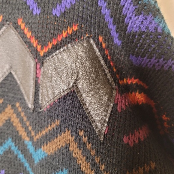 VTG WEEDS Men's Multicolor Zig-Zag Pattern Knit Grandpa Sweater Leather Trim L - Picture 3 of 9